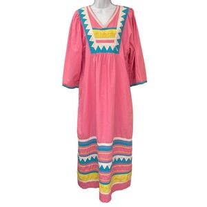 70s Saybury New York Maxi Dress Kaftan Boho Folk Pink Geometric Embroidery